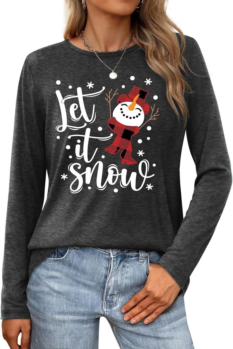 Christmas Shirts for Women Merry Christmas Letter Print T-Shirts Xmas Tree (S)